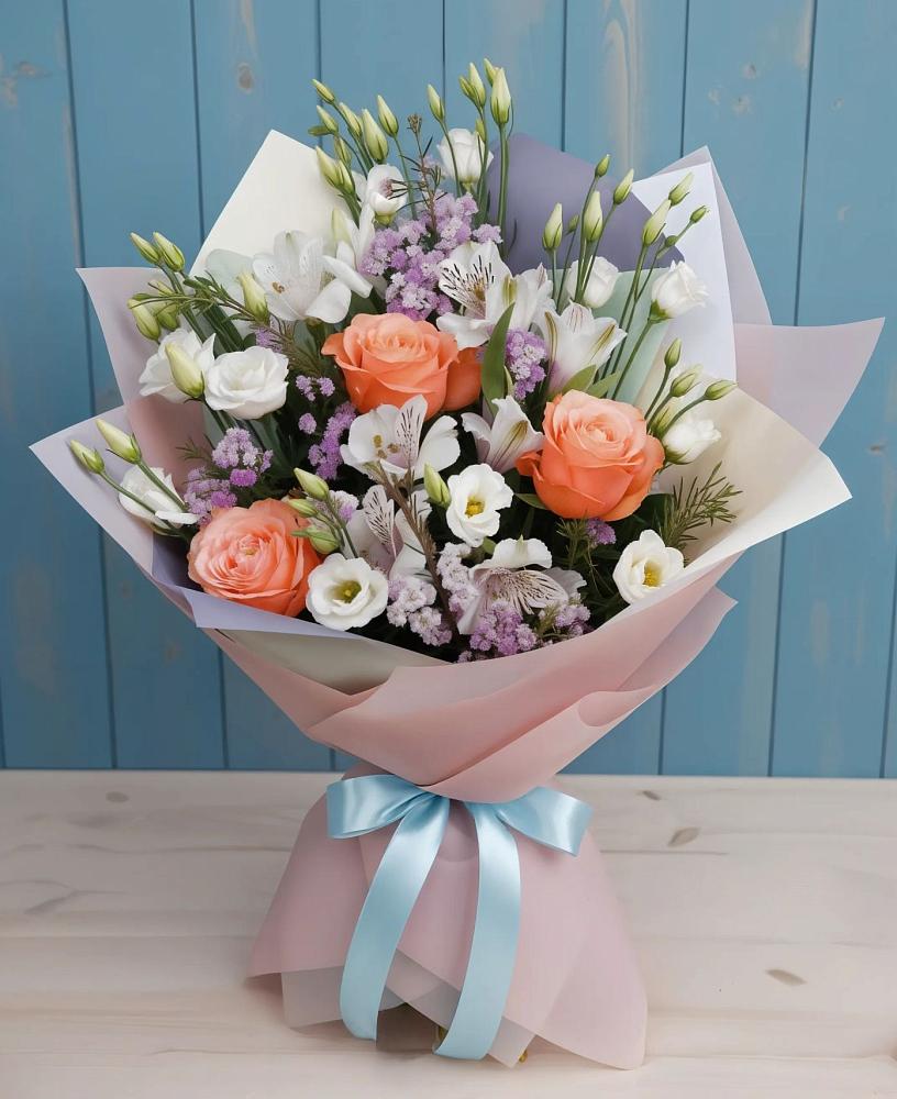 Букет цветов из: Лизиантусы, Розы, Альстромерии и Гипсофила в Комсомольском Республики Мордовия
