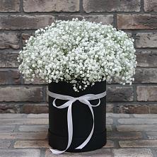 Цветочная композиция из Гипсофила в шляпной коробке в Комсомольском Республики Мордовия